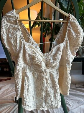 Urban Outfitters Cream Crinkle Tie-Front Peasant Blouse